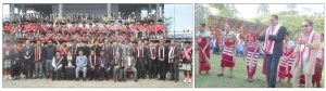 (L) Chief guest and chief host with other leaders and the members of Tesophenyu Cultural Troupe, Kohima, at Naga Solidarity Park on November 28. (R) Dr. Numal Momim along with BJP national ST Morcha vice president Johny Rengma join the cultural troupe on the occasion of Ngada festival celebration in Jongpha village, Karbi Anglong.