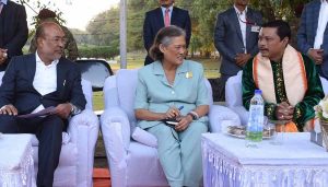 Thai princess Maha Chakri Sirindhorn is sharing a moment with Manipur chief minister N Birenleft and titular king of Manipur Leisemba Sanajaoba at Kangla fort in Imphal on Wednesday 2