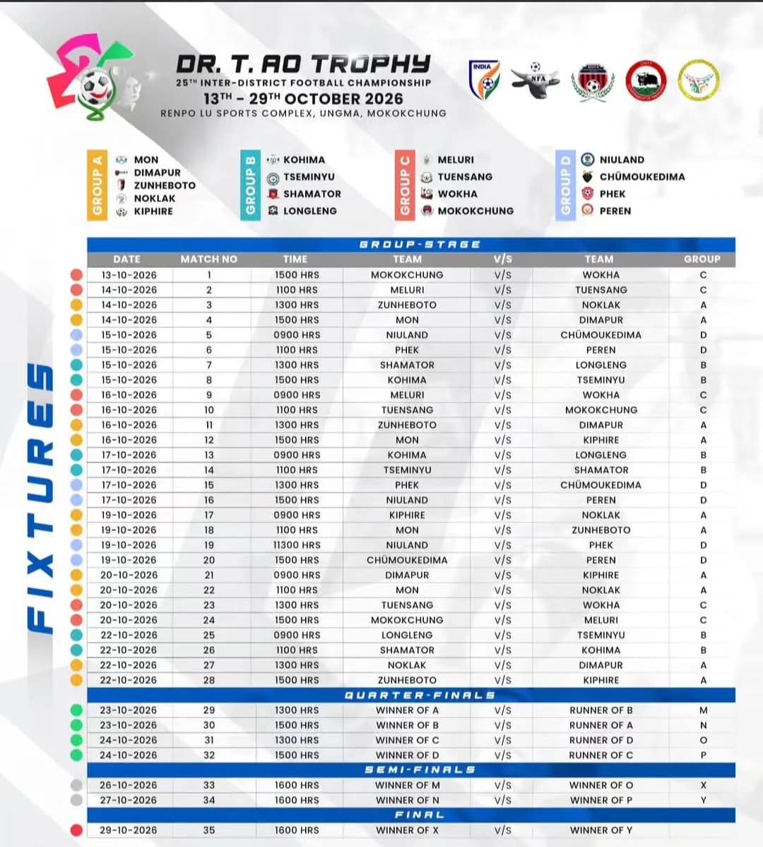 Dr. T Ao Trophy group stage fixtures announced